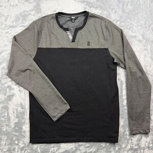 DKNY Shirt Mens M Black Gray Henley Long Sleeve Colorblock Stretch Knit
